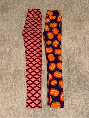LuLaRoe Kids Purple & Pink Pumpkin Pattern Leggings Set L/XL